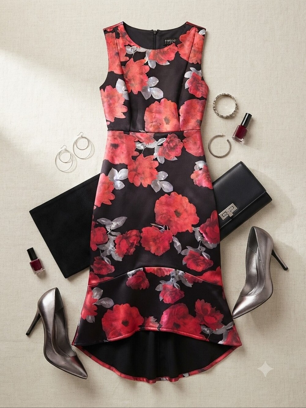 Enfocus Studios Black Silver Red Rose Print Fitted High Low Midi Dress